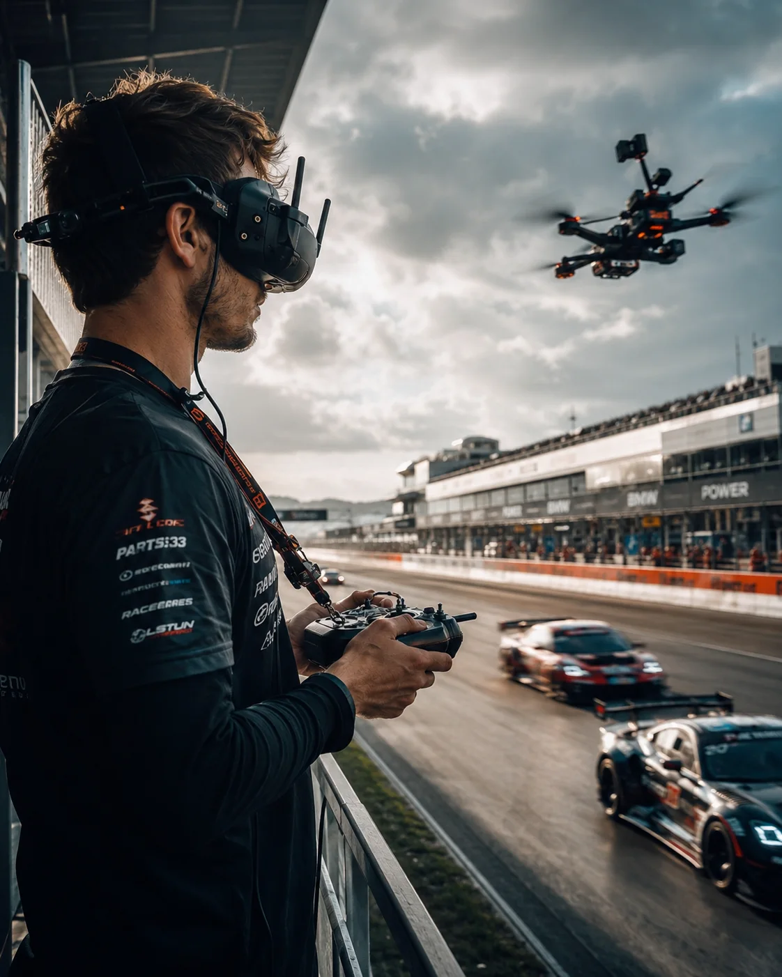 Piloto operando un dron durante una producción audiovisual en circuito